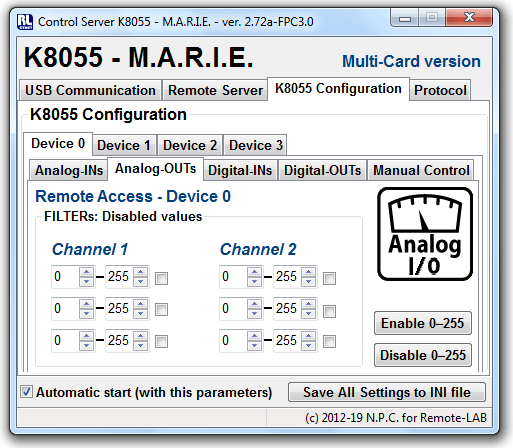 volba A-OUT na kartě K8055 Configuration