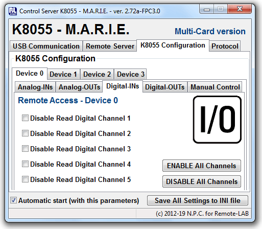 volba D-IN na kartě K8055 Configuration